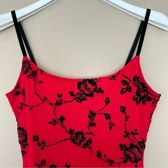 Vintage Y2K Small Whimsigoth Red Maxi Dress Black Velvet Roses Overlay Strappy